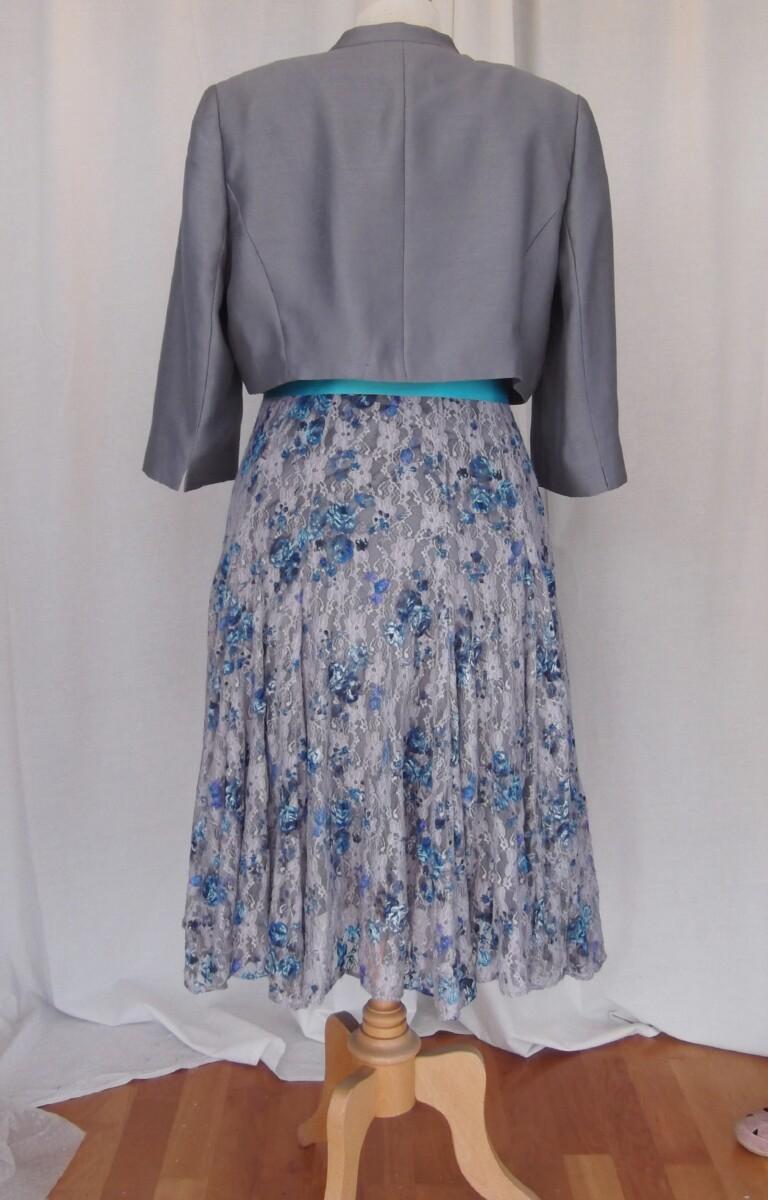 Jacques Vert METAL GREY & TURQUOISE RANGE GREY STRETCH LACE DRESS BLUE FLOWER PRINT & METAL GREY SHANTUNG NOTCH NECK SHORT JACKET