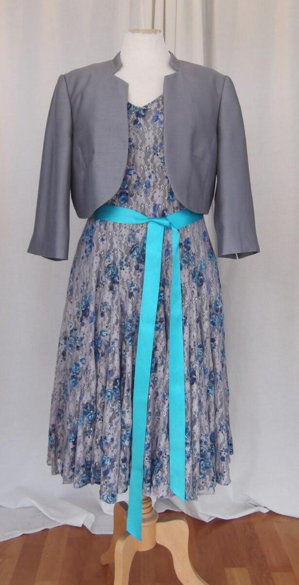 jacques vert METAL GREY & TURQUOISE RANGE GREY STRETCH LACE DRESS BLUE FLOWER PRINT & METAL GREY SHANTUNG NOTCH NECK SHORT JACKET