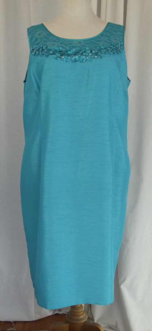 Jacques Vert MID BLUE SHANTUNG SHIFT DRESS TINY FLOWERHEADS ON SILVERED LACE NECKLINE & MID BLUE SHANTUNG SHORT JACKET