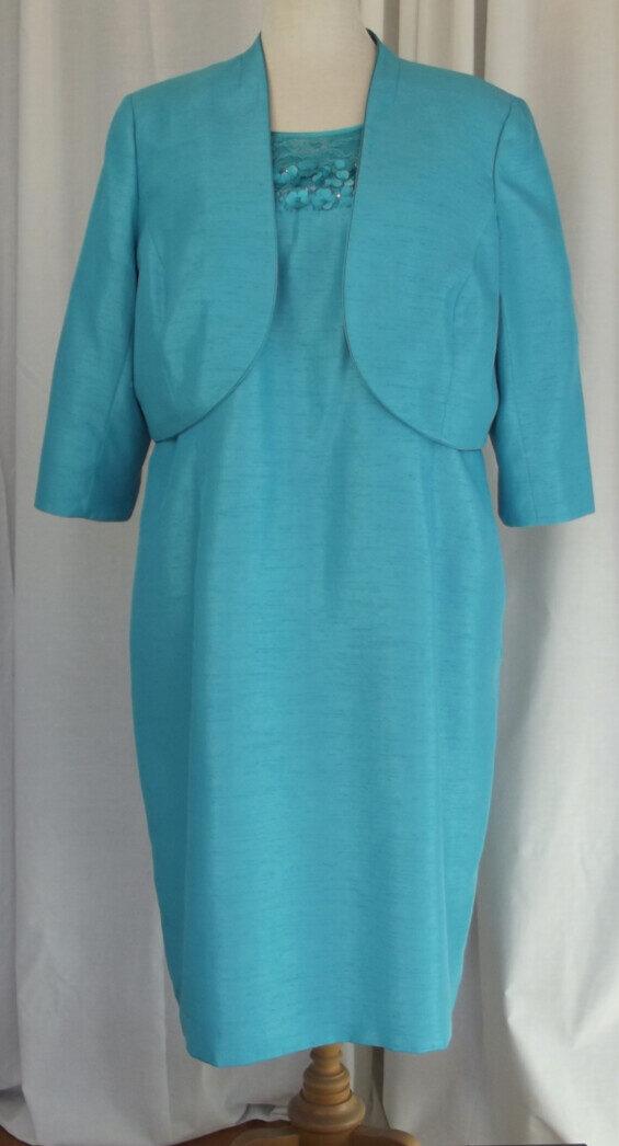 jacques vert MID BLUE SHANTUNG SHIFT DRESS TINY FLOWERHEADS ON SILVERED LACE NECKLINE & MID BLUE SHANTUNG SHORT JACKET