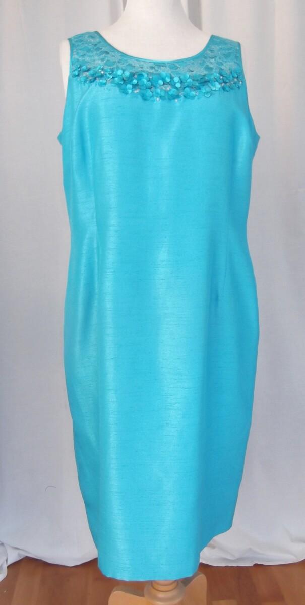 Jacques Vert MID BLUE SHANTUNG SHIFT DRESS TINY MID BLUE FLOWERHEADS ON SILVERED LACE SCATTERED WITH BEADS MID BLUE SHANTUNG JACKET