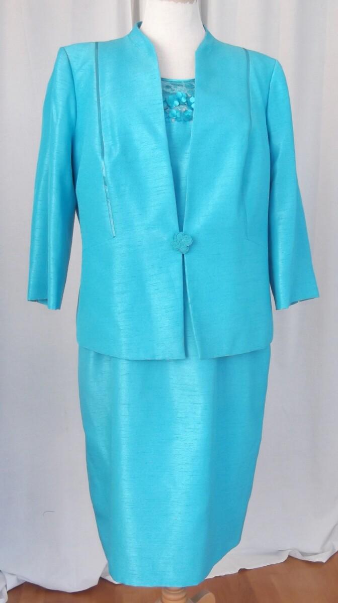 jacques vert MID BLUE SHANTUNG SHIFT DRESS TINY MID BLUE FLOWERHEADS ON SILVERED LACE SCATTERED WITH BEADS MID BLUE SHANTUNG JACKET