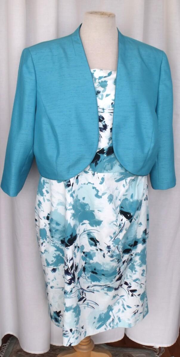 Jacques Vert MID BLUE SHANTUNG SHORT JACKET & IVORY 97% COTTON SHIFT DRESS MID BLUE FLORAL PRINT