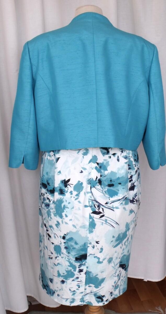 Jacques Vert MID BLUE SHANTUNG SHORT JACKET & IVORY 97% COTTON SHIFT DRESS MID BLUE FLORAL PRINT