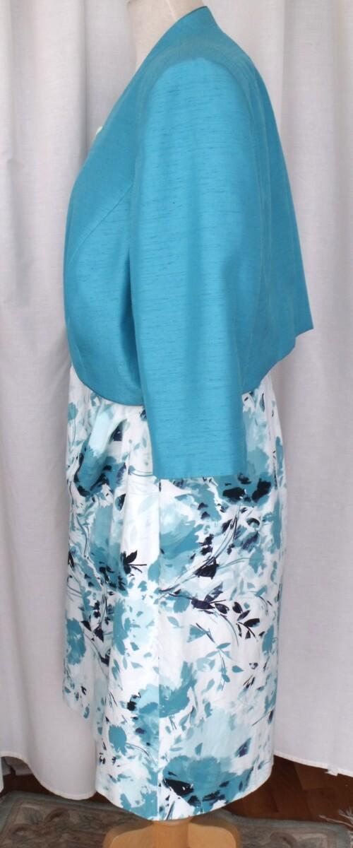 Jacques Vert MID BLUE SHANTUNG SHORT JACKET & IVORY 97% COTTON SHIFT DRESS MID BLUE FLORAL PRINT