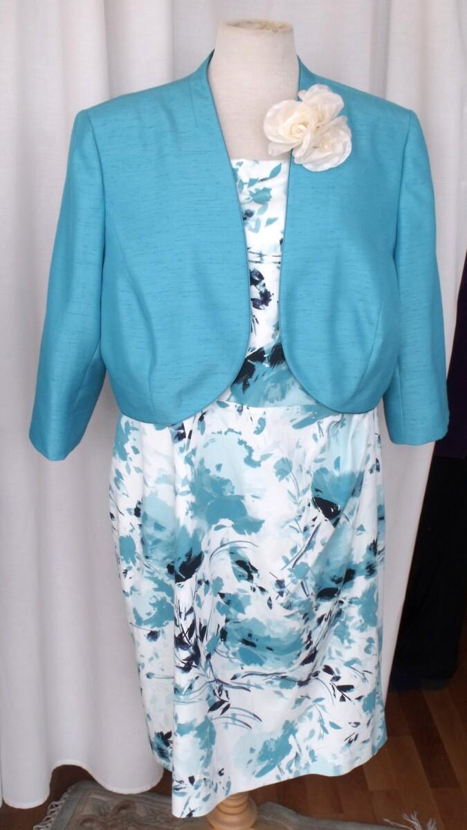 jacques vert MID BLUE SHANTUNG SHORT JACKET & IVORY 97% COTTON SHIFT DRESS MID BLUE FLORAL PRINT