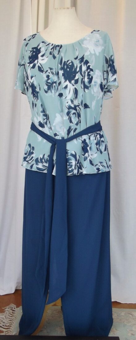 Jacques Vert MID BLUE & TEAL RANGE TEAL CHIFFON PALAZZO PANTS MID BLUE CHIFFON TOP TEAL PRINT & TEAL SHANTUNG JACKET