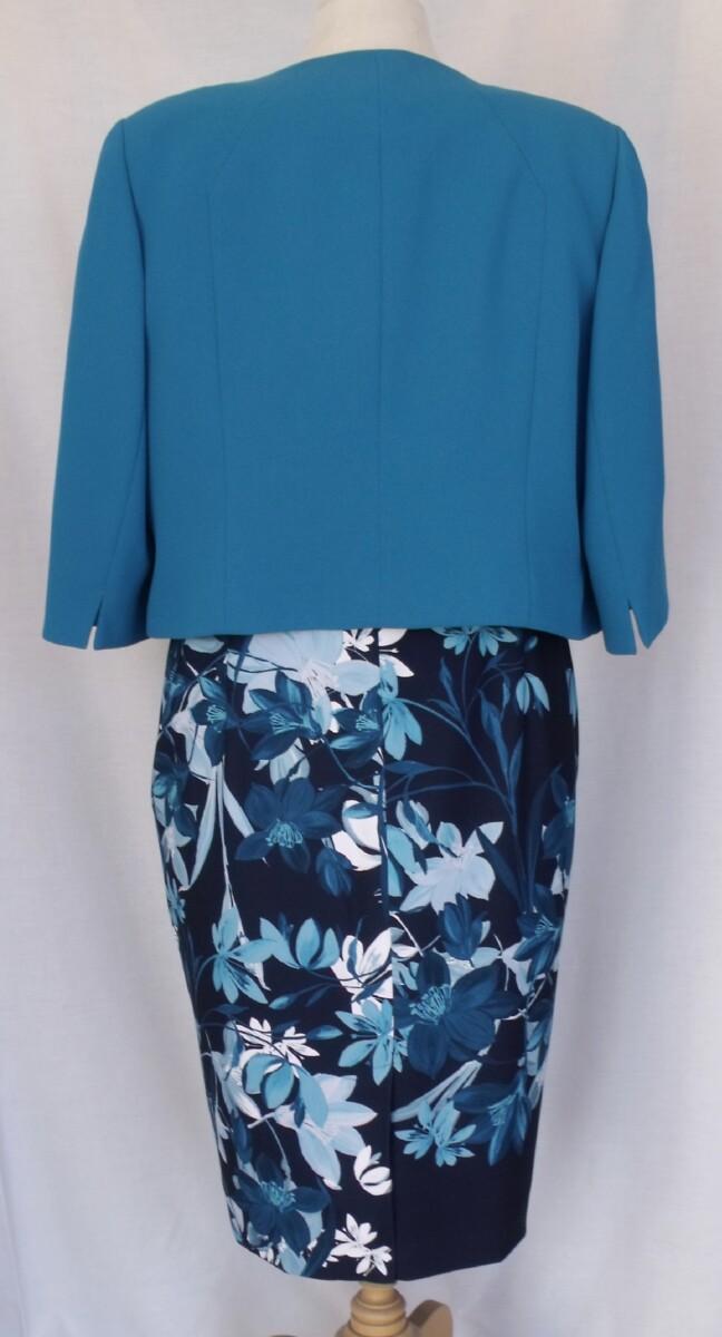 Jacques Vert MID BLUE TROPICAL PRINT ON NAVY CREPE SHIFT DRESS & MATCHING MID BLUE JACKET