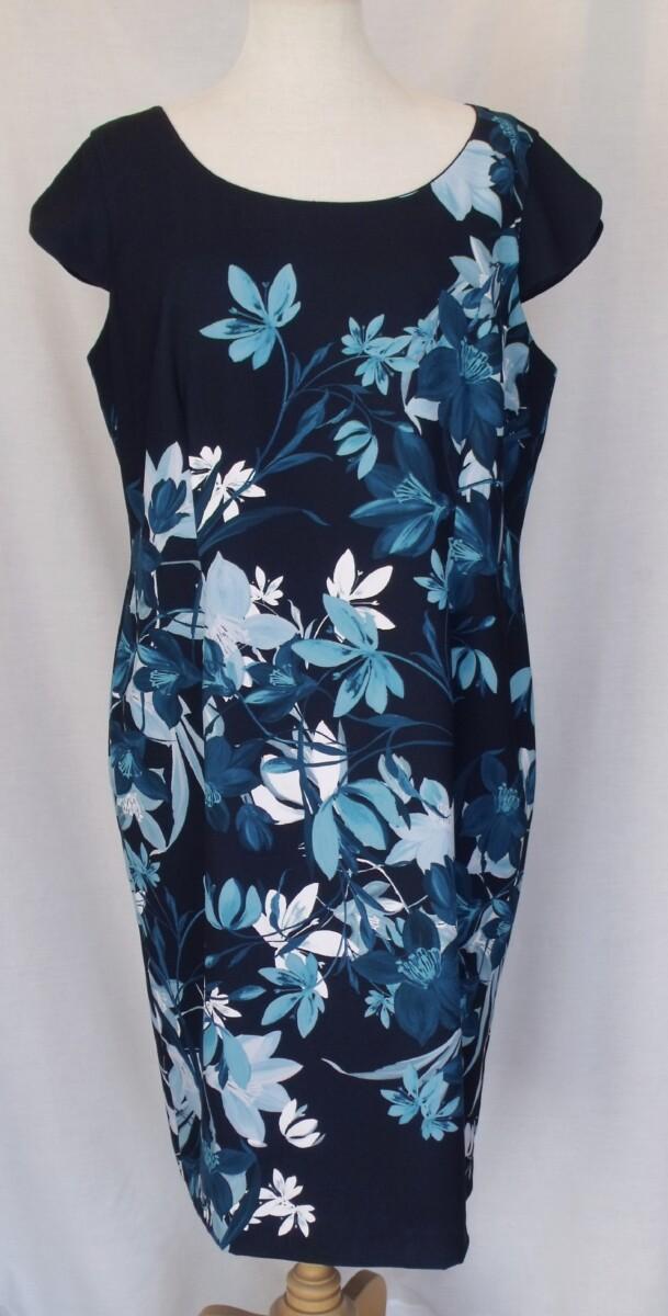 Jacques Vert MID BLUE TROPICAL PRINT ON NAVY CREPE SHIFT DRESS & MATCHING MID BLUE JACKET