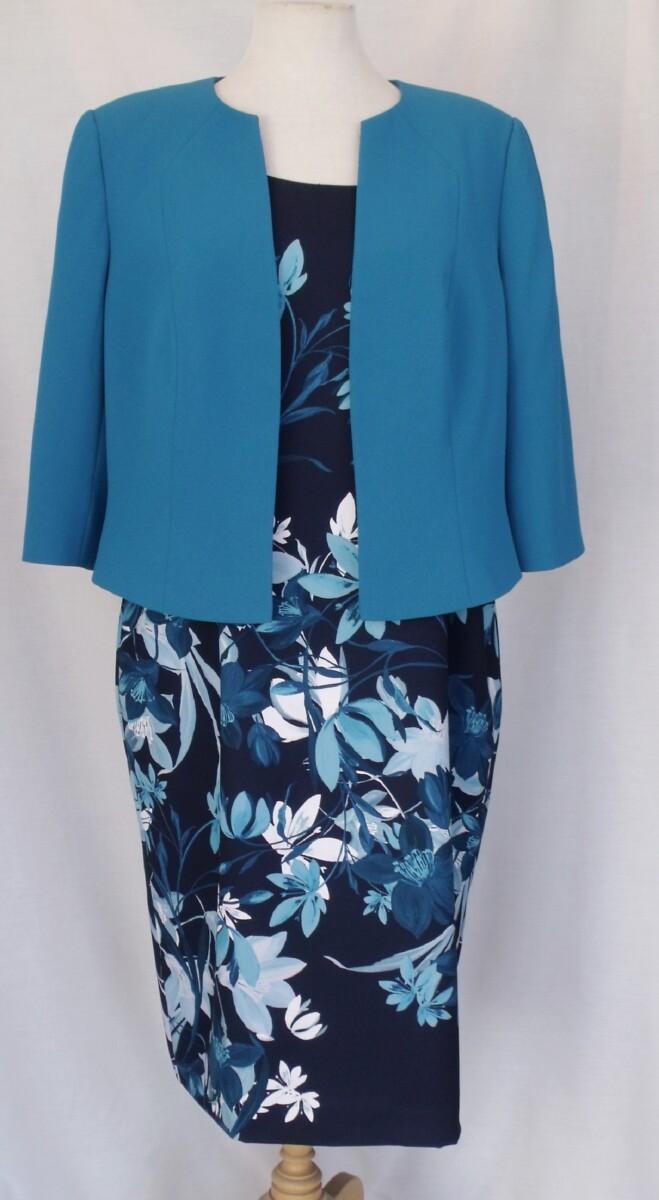 jacques vert MID BLUE TROPICAL PRINT ON NAVY CREPE SHIFT DRESS & MATCHING MID BLUE JACKET