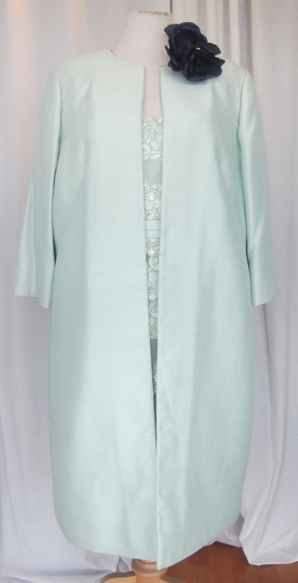 jacques vert MINT GREEN SHANTUNG COAT WITH MINT GREEN CASCADING LACE DRESS & NAVY CORSAGE