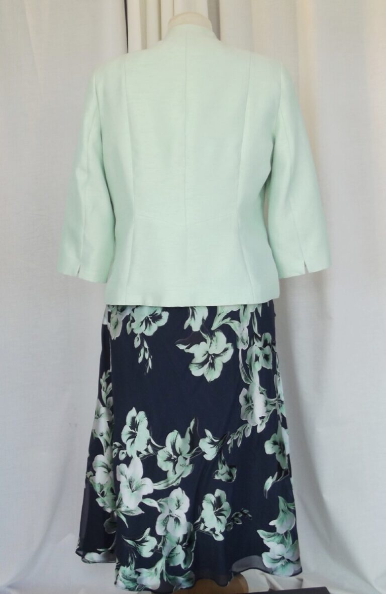 Jacques Vert MINT & NAVY RANGE NAVY CHIFFON GREEN SILK DEVORE DRESS MINT GREEN SHANTUNG JACKET