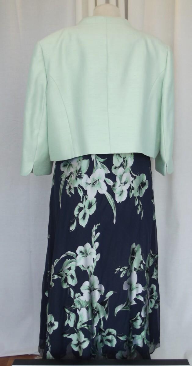 Jacques Vert MINT & NAVY RANGE NAVY CHIFFON GREEN SILK DEVORE DRESS MINT GREEN SHANTUNG BOLERO WITH CORSAGE