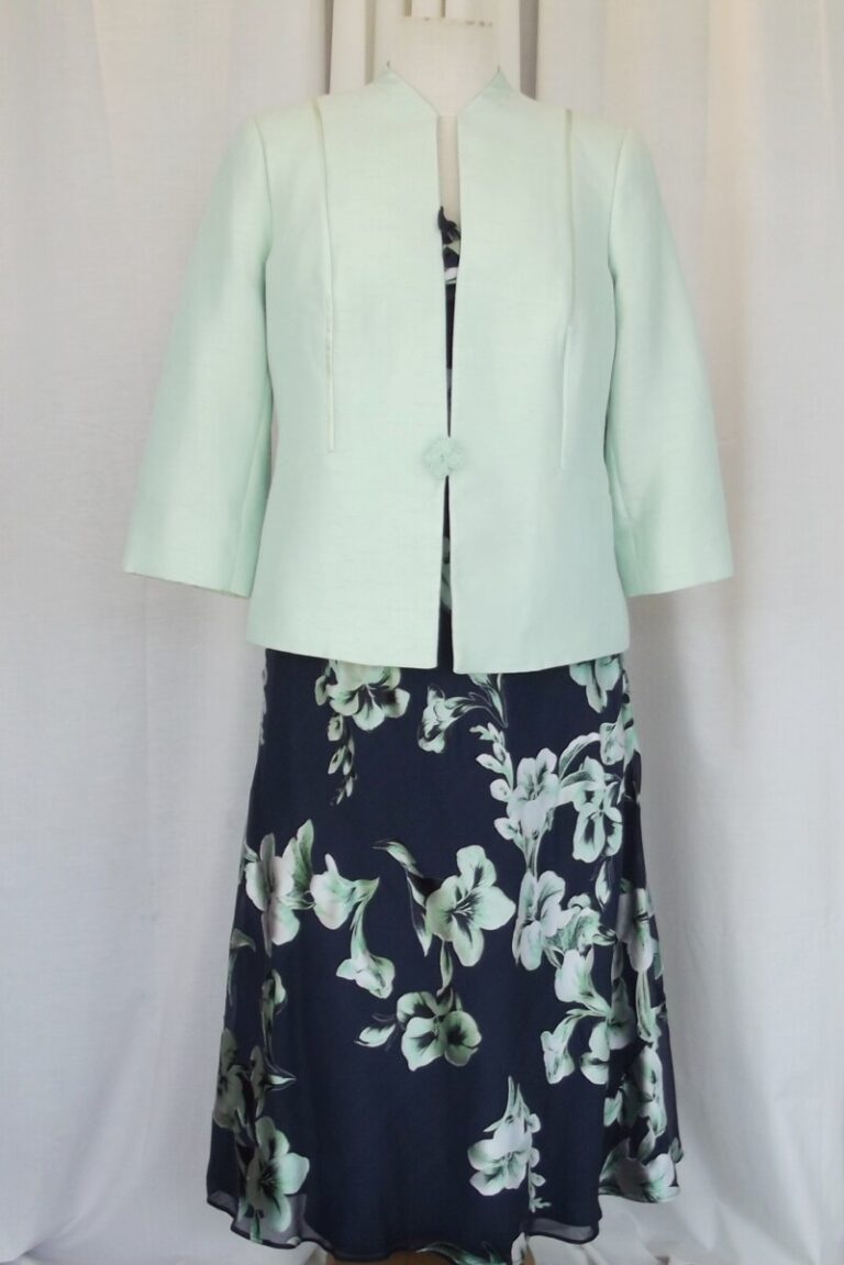 jacques vert MINT & NAVY RANGE NAVY CHIFFON GREEN SILK DEVORE DRESS MINT GREEN SHANTUNG JACKET