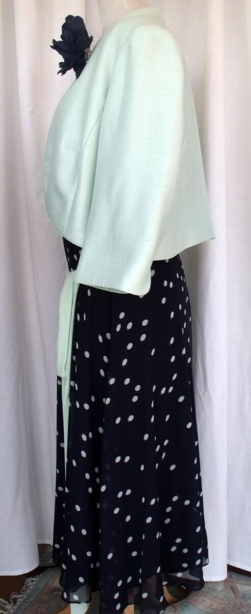 Jacques Vert MINT & NAVY RANGE NAVY CREPE CHIFFON MINT GREEN LARGE SPOT DRESS MINT GREEN SHANTUNG BOLERO