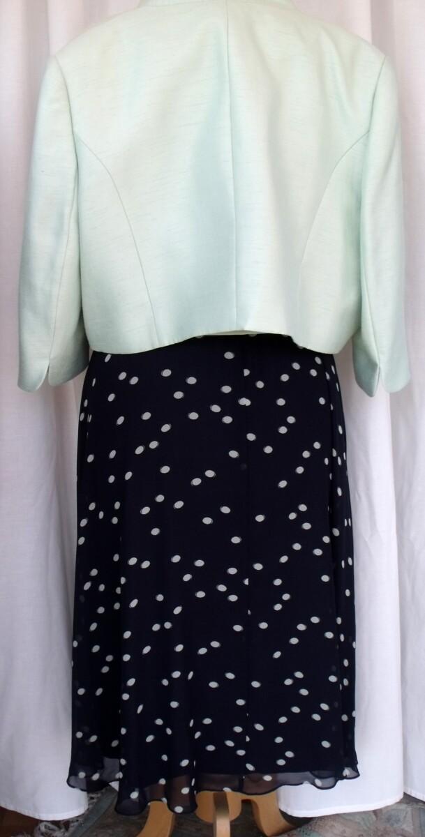 Jacques Vert MINT & NAVY RANGE NAVY CREPE CHIFFON MINT GREEN LARGE SPOT DRESS MINT GREEN SHANTUNG BOLERO