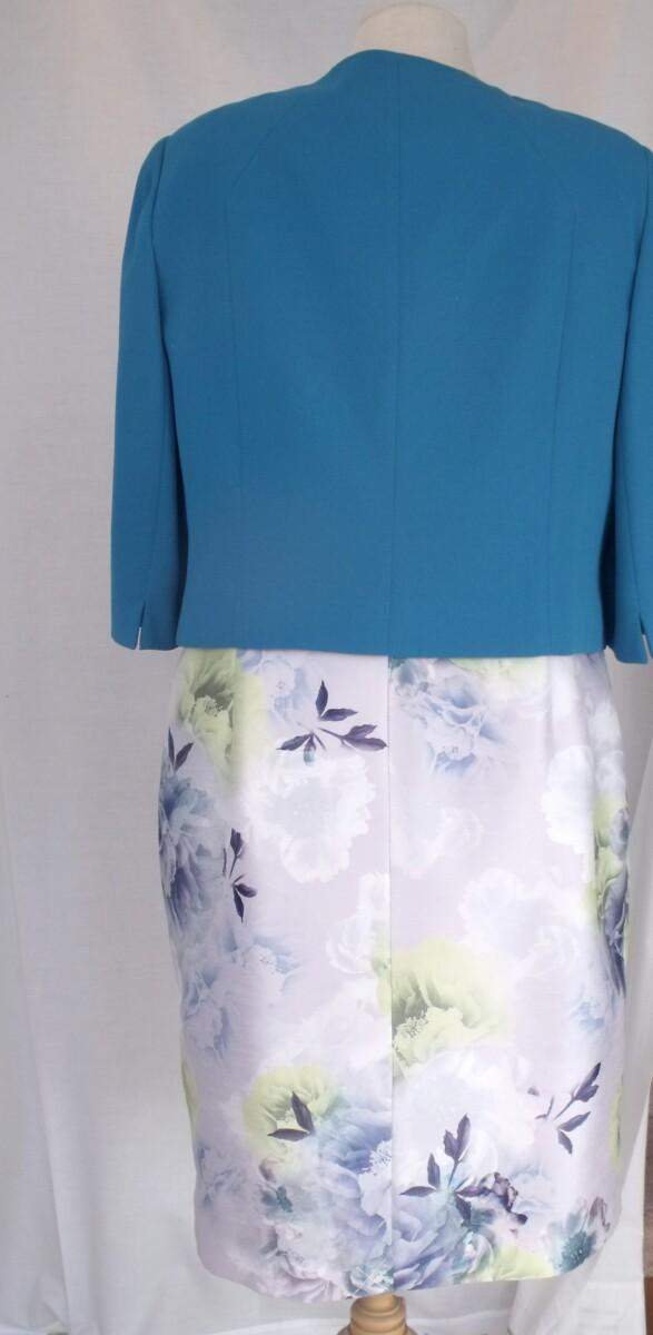 Jacques Vert MISTED BLOOM SILVER SHANTUNG DRESS FLORAL PRINT & MATCHING MID BLUE JACKET