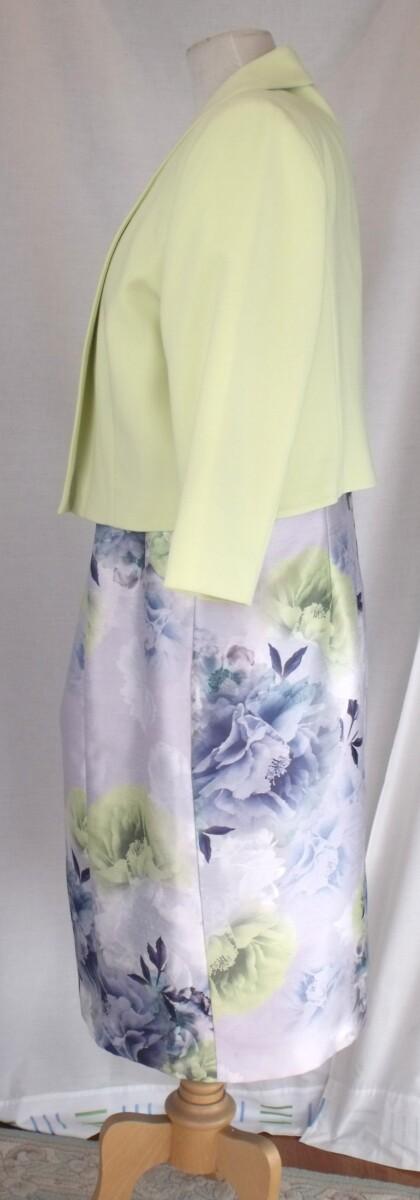 Jacques Vert MISTED BLOOM SILVER SHANTUNG DRESS FLORAL PRINT & MATCHING LIGHT GREEN CREPE DRAPE JACKET