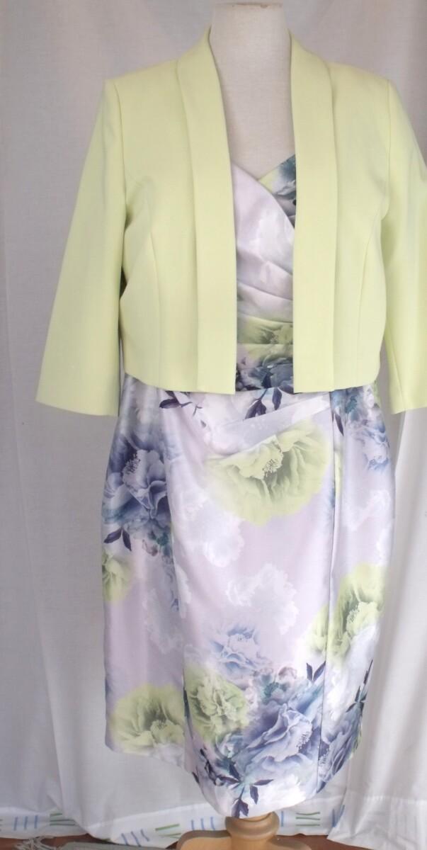 jacques vert MISTED BLOOM SILVER SHANTUNG DRESS FLORAL PRINT & MATCHING LIGHT GREEN CREPE DRAPE JACKET