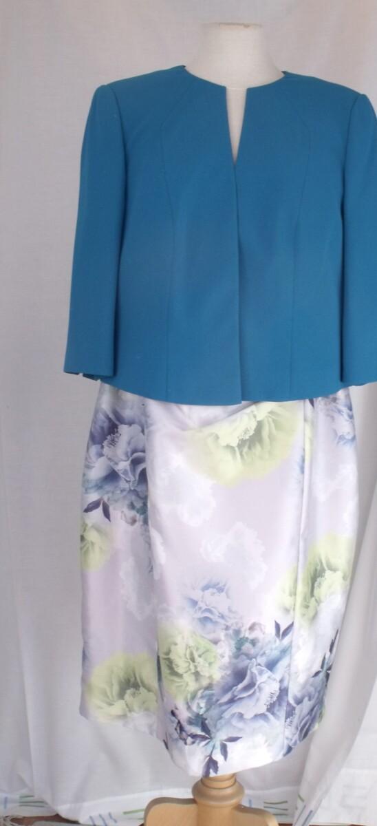 jacques vert MISTED BLOOM SILVER SHANTUNG DRESS FLORAL PRINT & MATCHING MID BLUE JACKET