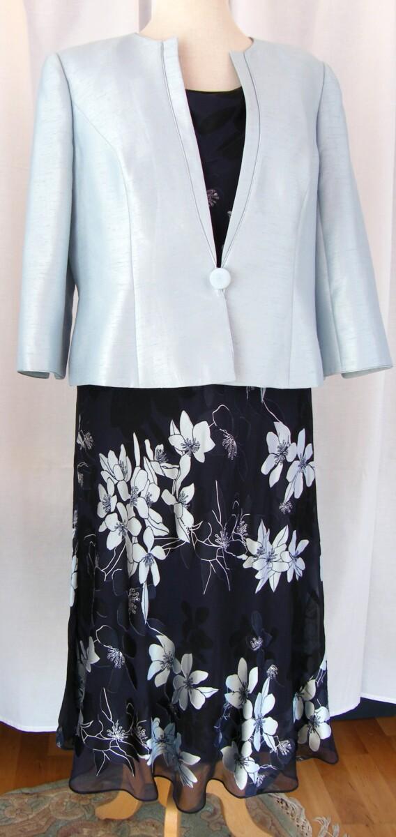 jacques vert MISTY BLUE RANGE NAVY 20% SILK DEVORE DRESS MISTY BLUE FLOWER HEAD PRINT MISTY BLUE SHANTUNG JACKET