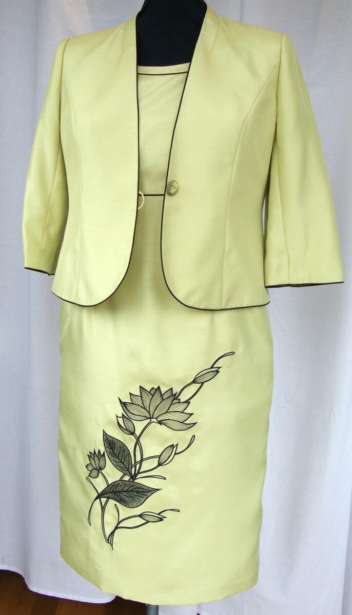 jacques vert MONACO RANGE VINTAGE LIME SHANTUNG DRESS NAVY EMBROIDERY &amp LIME SHANTUNG JACKET NAVY PIPING