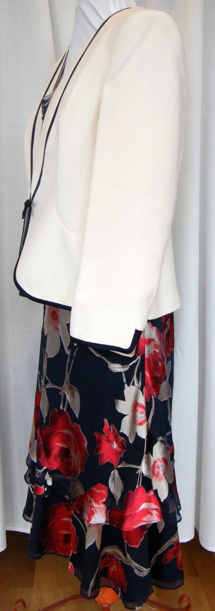 Jacques Vert MONIQUE ITALIAN RANGE NAVY 19% SILK DEVORE IVORY & RED FLOWERHEAD PRINT & CHANTILLY IVORY WOVEN JACKET EDGED IN NAVY