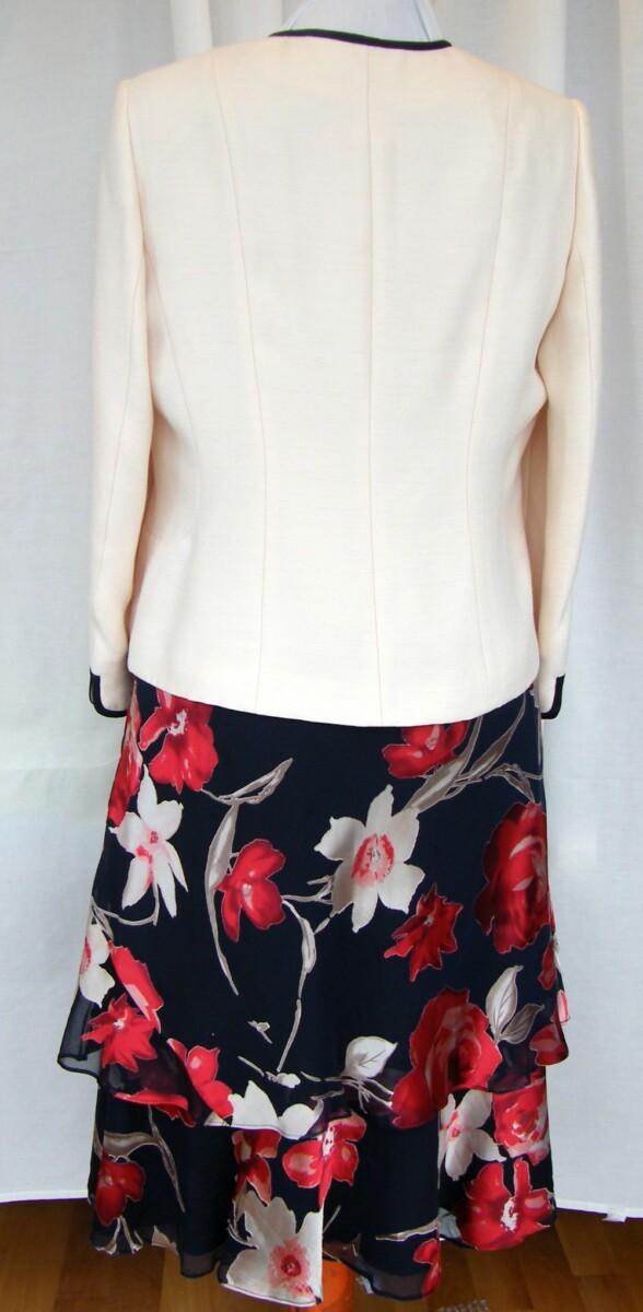 Jacques Vert MONIQUE ITALIAN RANGE NAVY 19% SILK DEVORE IVORY & RED FLOWERHEAD PRINT & CHANTILLY IVORY WOVEN JACKET EDGED IN NAVY