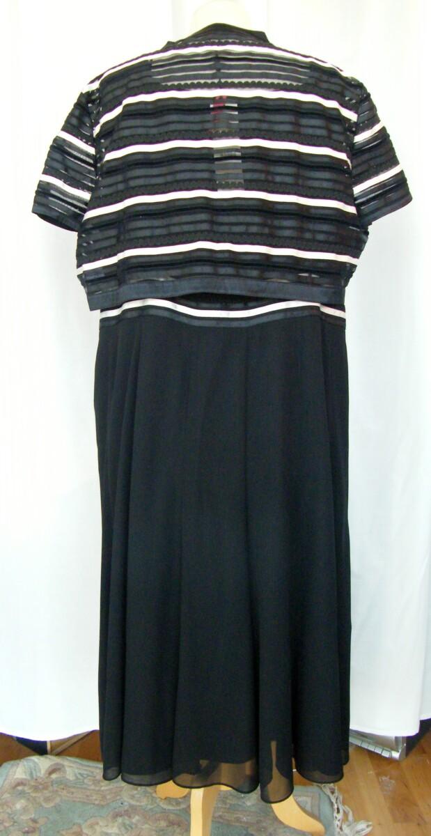 Jacques Vert MONIQUE RANGE BLACK CREPE CHIFFON DRESS BLACK & IVORY RIBBON AT MIDRIFF BLACK & IVORY RIBBON BOLERO