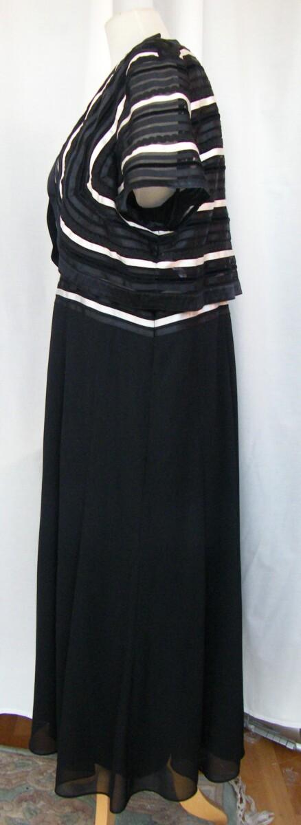 Jacques Vert MONIQUE RANGE BLACK CREPE CHIFFON DRESS BLACK & IVORY RIBBON AT MIDRIFF BLACK & IVORY RIBBON BOLERO