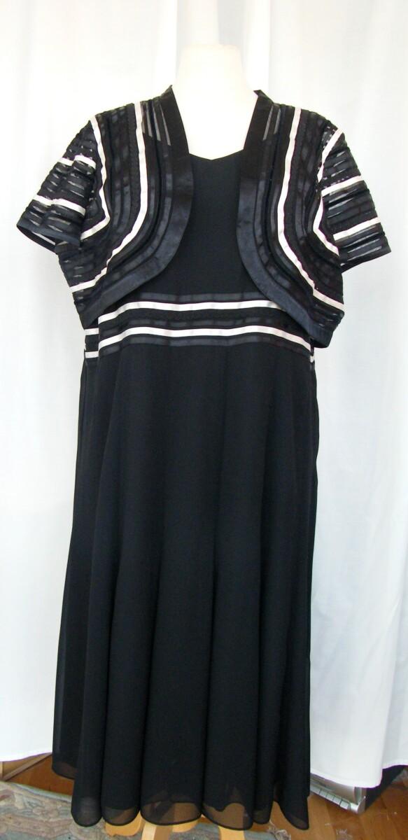 jacques vert MONIQUE RANGE BLACK CREPE CHIFFON DRESS BLACK & IVORY RIBBON AT MIDRIFF BLACK & IVORY RIBBON BOLERO