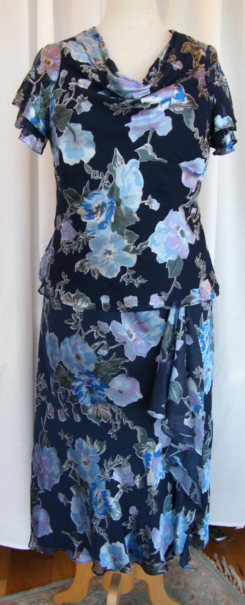 Jacques Vert MONIQUE RANGE NAVY 40% SILK DEVORE SKIRT & TOP POWDER BLUE PRINT & NAVY BLUE SHANTUNG JACKET