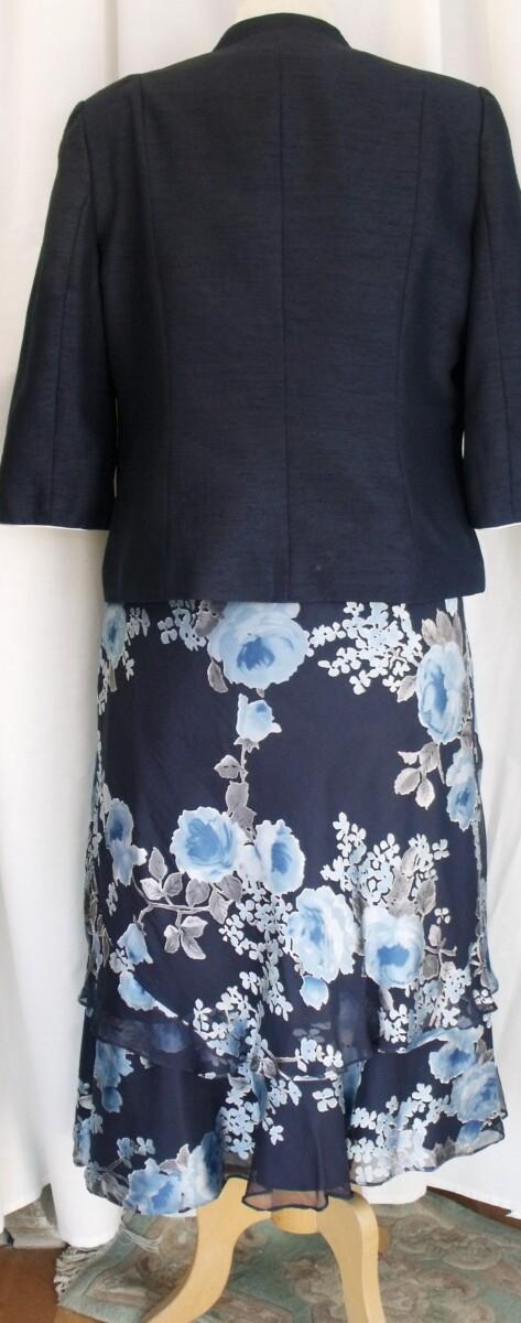 Jacques Vert MONIQUE RANGE NAVY BLUE 40% SILK DEVORE DRESS POWDER BLUE PRINT & NAVY BLUE SHANTUNG JACKET