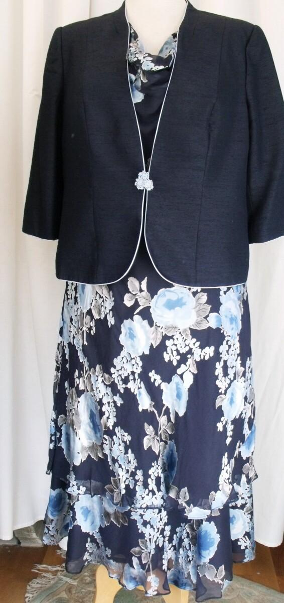 jacques vert MONIQUE RANGE NAVY BLUE 40% SILK DEVORE DRESS POWDER BLUE PRINT & NAVY BLUE SHANTUNG JACKET