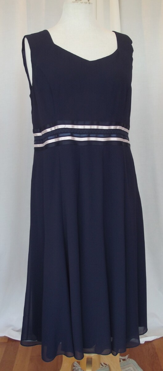 Jacques Vert MONIQUE RANGE NAVY CREPE CHIFFON DRESS NAVY & SHELL PINK RIBBON MIDRIFF NAVY & SHELL PINK RIBBON BOLERO
