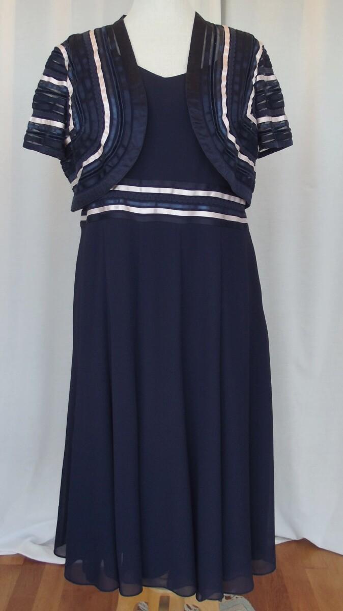 jacques vert MONIQUE RANGE NAVY CREPE CHIFFON DRESS NAVY & SHELL PINK RIBBON MIDRIFF NAVY & SHELL PINK RIBBON BOLERO