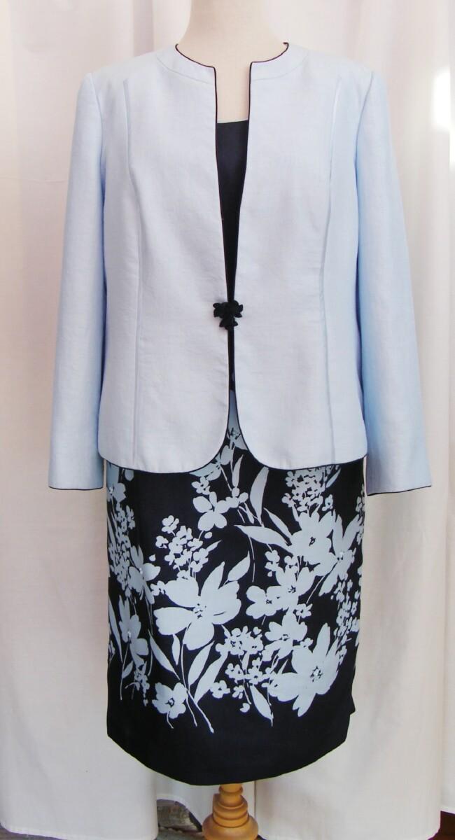 jacques vert MONIQUE RANGE NAVY SHANTUNG SHIFT DRESS POWDER BLUE PRINT & POWDER BLUE MOIRE SHANTUNG JACKET