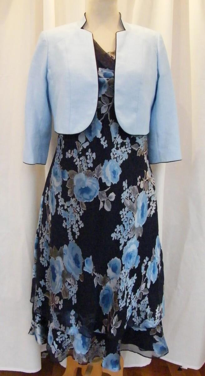 jacques vert MONIQUE RANGE NAVY SILK DEVORE DRESS POWDER BLUE PRINT & POWDER BLUE SHANTUNG NOTCH NECK SHORT JACKET