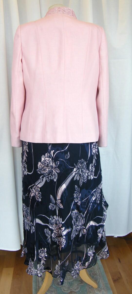 Jacques Vert MONIQUE RANGE NAVY SILK DEVORE MAXI DRESS TRAILING ROSE PRINT & SHELL PINK SHANTUNG JACKET