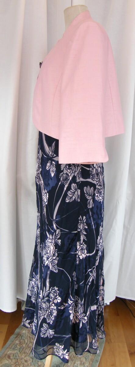Jacques Vert MONIQUE RANGE NAVY SILK DEVORE MAXI DRESS TRAILING ROSE PRINT & SHELL PINK SHANTUNG NOTCH NECK SHORT JACKET