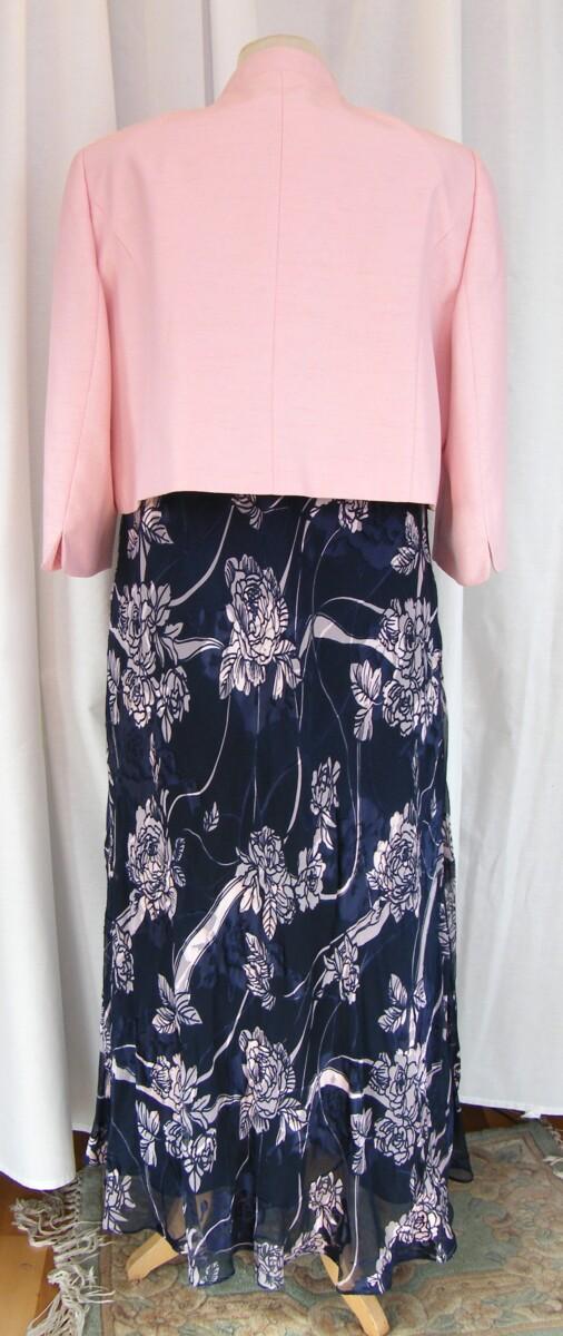 Jacques Vert MONIQUE RANGE NAVY SILK DEVORE MAXI DRESS TRAILING ROSE PRINT & SHELL PINK SHANTUNG NOTCH NECK SHORT JACKET