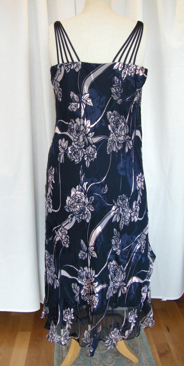 Jacques Vert MONIQUE RANGE NAVY SILK DEVORE MAXI DRESS TRAILING ROSE PRINT & SHELL PINK SHANTUNG NOTCH NECK SHORT JACKET