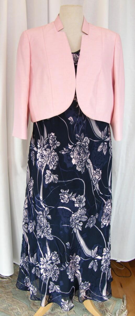 jacques vert MONIQUE RANGE NAVY SILK DEVORE MAXI DRESS TRAILING ROSE PRINT & SHELL PINK SHANTUNG NOTCH NECK SHORT JACKET