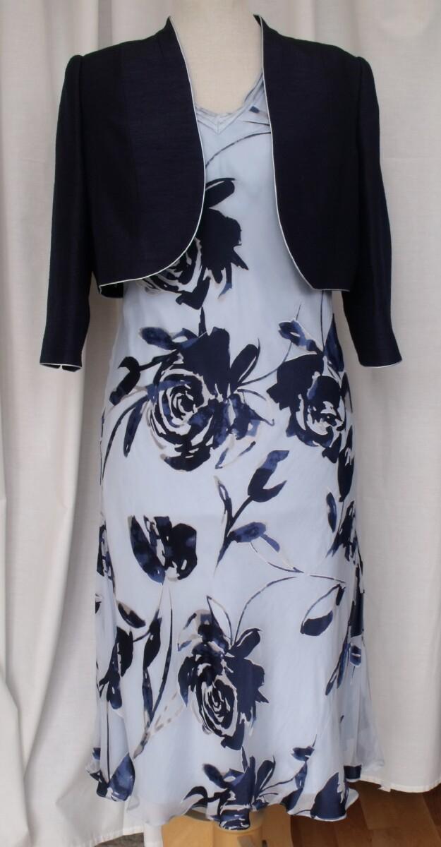 jacques vert MONIQUE RANGE POWDER BLUE SILK DEVORE DRESS NAVY ROSA GRANDE PRINT MONIQUE NAVY SHORT JACKET