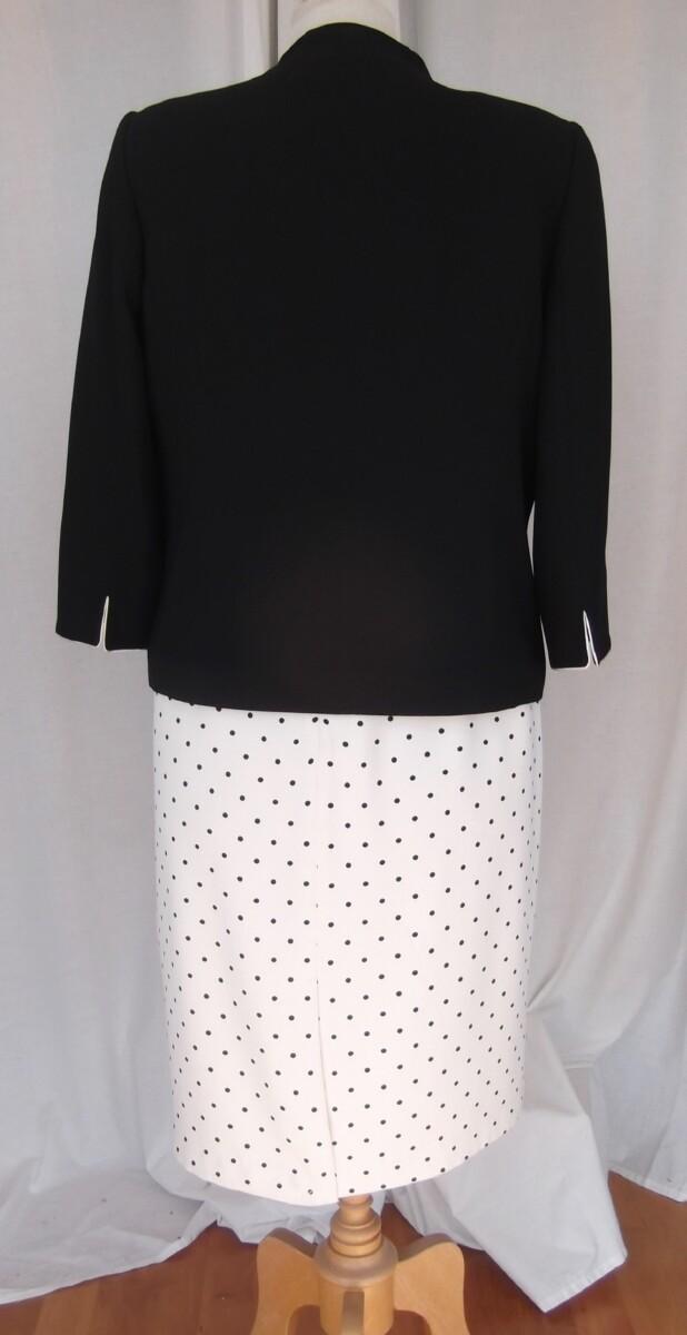 Jacques Vert MONOCHROME RANGE IVORY CREPE SHIFT DRESS BLACK SPOT PRINT SCALLOPED NECKLINE OPTIONAL BLACK CHIFFON SASH & BLACK NOTCH NECK JACKET EDGED IN IVORY