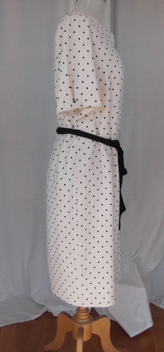 Jacques Vert MONOCHROME RANGE IVORY CREPE SHIFT DRESS BLACK SPOT PRINT SCALLOPED NECKLINE OPTIONAL BLACK CHIFFON SASH & BLACK NOTCH NECK JACKET EDGED IN IVORY