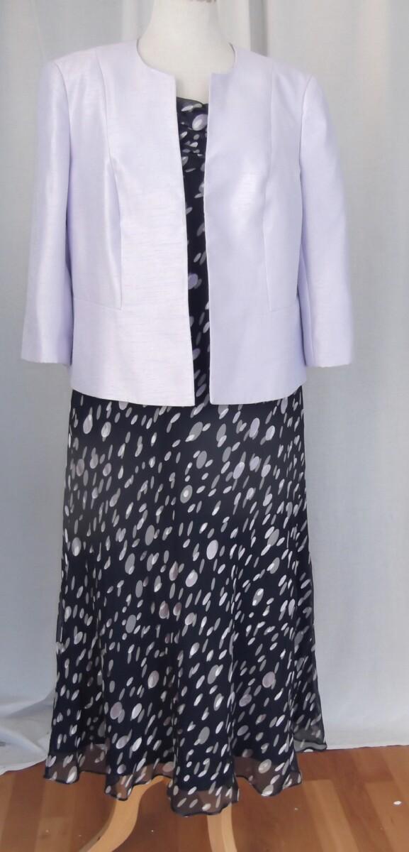 jacques vert NAVY 27% SILK DEVORE DRESS LILAC OVAL SPOT PATTERN MATCHING LILAC SHANTUNG JACKET