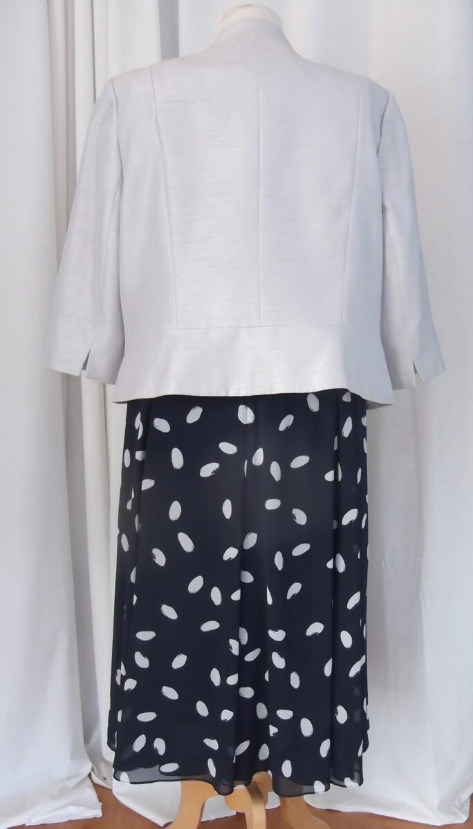 Jacques Vert NAVY BLUE CHIFFON DRESS RANDOM SILVER LARGE SPOT PRINT TRUE CROSS OVER BODICE & SILVER GREY SHANTUNG JACKET