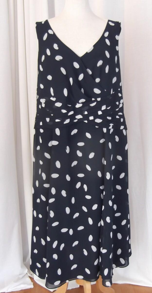 Jacques Vert NAVY BLUE CHIFFON DRESS RANDOM SILVER LARGE SPOT PRINT TRUE CROSS OVER BODICE & SILVER GREY SHANTUNG JACKET