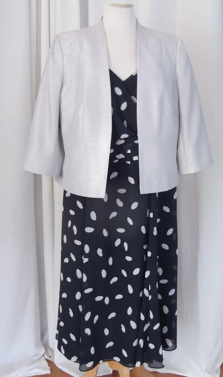 jacques vert NAVY BLUE CHIFFON DRESS RANDOM SILVER LARGE SPOT PRINT TRUE CROSS OVER BODICE & SILVER GREY SHANTUNG JACKET
